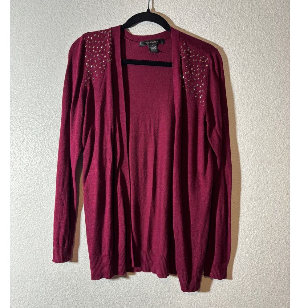 89th & Madison Women's Size L Embellished Burgandy Open-Front Cardigan Sweater